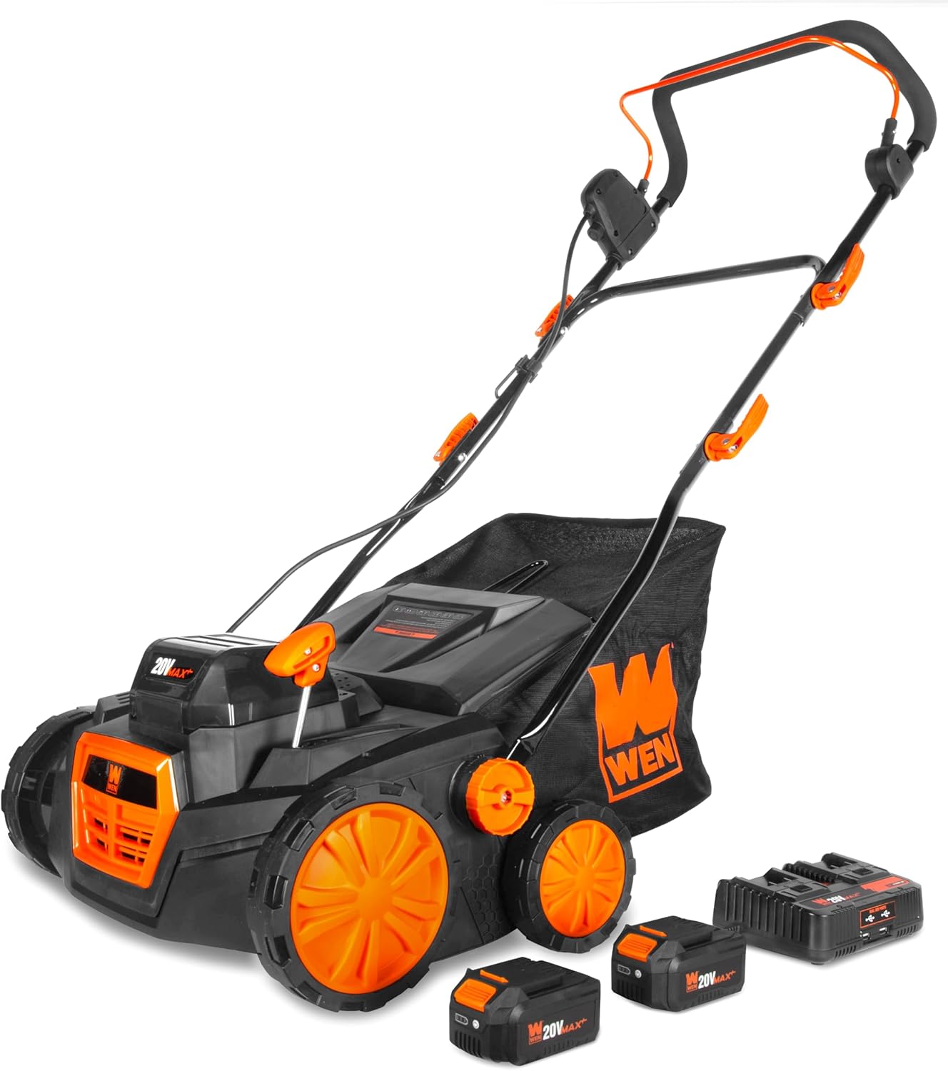 Wen 20V Max Cordless 15-Inch 2-in-1 Brushless Electric Dethatcher and Scarifier with Collection Bag, Two 4.0 Ah Batteries, and Dual-Port Charger (20716)