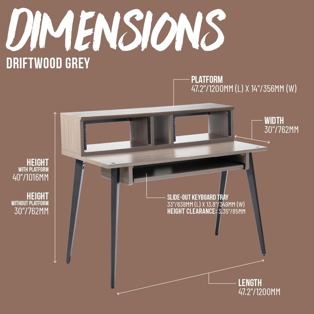 Gator Frameworks Elite Series Studio Desk Workstation with (8U) Adjustable Rack Shelves and Sliding Keyboard Tray, Driftwood Grey Finish (GFW-ELITEDESK-Gry)