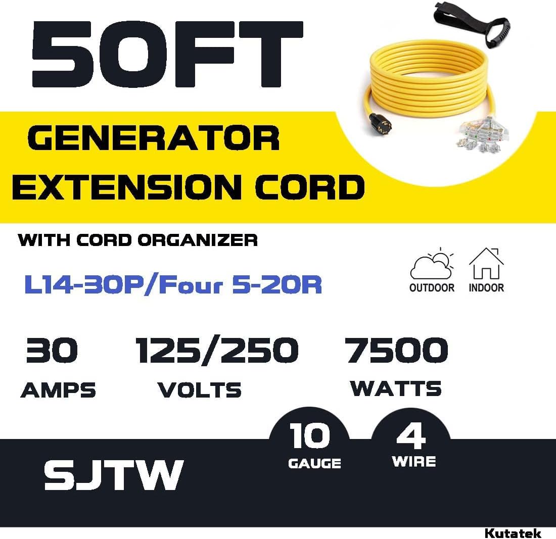 50Ft L14-30P to Four 5-20R, 4 Prong Generator Distribution Extension Power Cord, 30 Amp 125/250V 7500 Watts, 10 Gauge SJTW Cable… (50 FT)