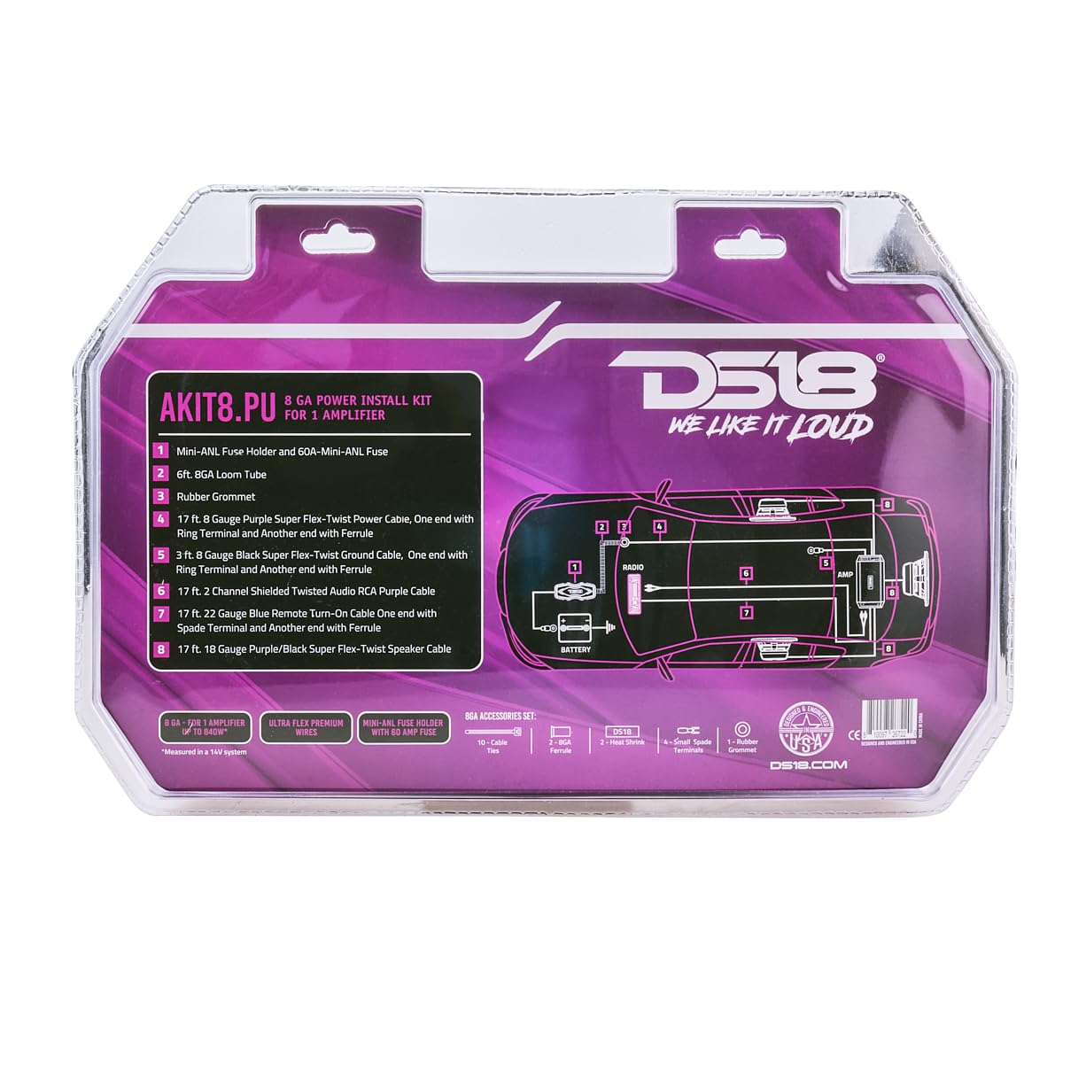 DS18 AKIT0.PU 0-GA Amplifier Installation Wiring Kit with Fuse Holder 250A, Up to 3500 Watts RMS, Ultra Flex Wire, Amp Wire Kit, Amp Wiring Kit 0 Gauge - Purple
