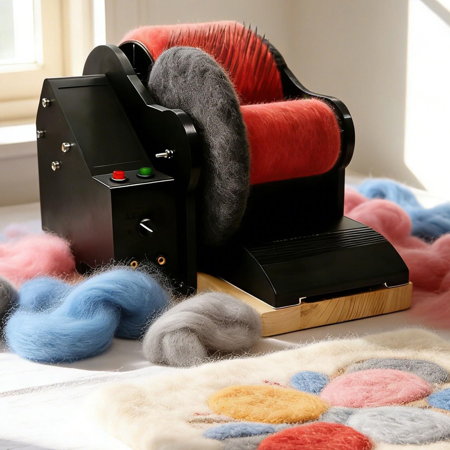 JOSBY Electric Wool Combing Machine, Wool Drum Carder Fiber Carding Machine, Adjustable Forward & Reverse Speed, with Foot Pedal, Fast Color Mixing Wool Blending Wheel, for DIY Wool Felt, Handicrafts