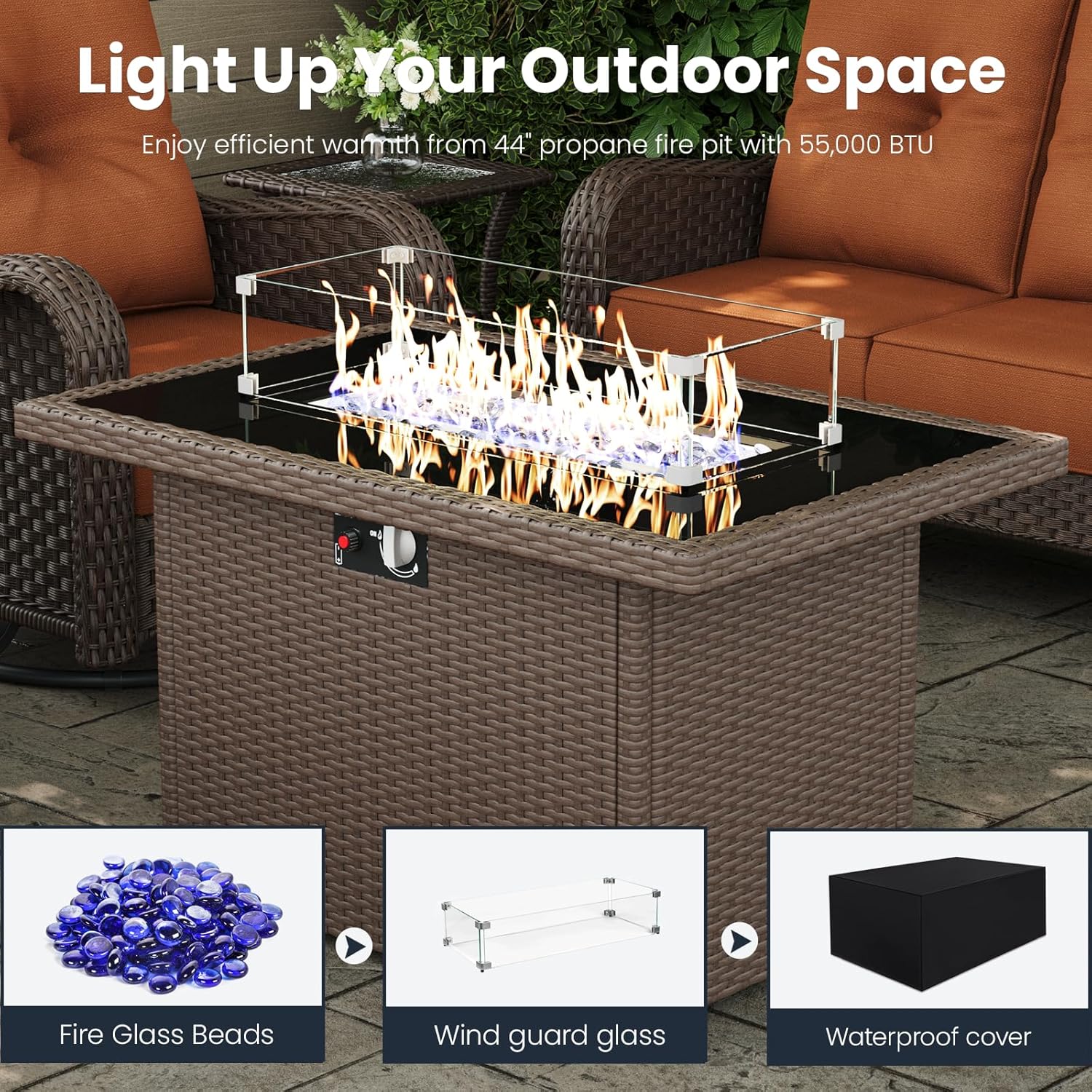 10 Pieces Outdoor Patio Furniture Sets with Rocking Swivel Chairs with 6-inch Thick Cushion and Fire Pit Table for Deck Lawn