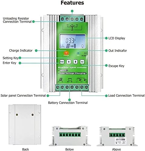 SolaMr 1000W 12V/24V MPPT Wind Solar Hybrid Charge Controller Fits for 600W Wind and 400W Solar Power System with LCD Display and Dump Load Accurate