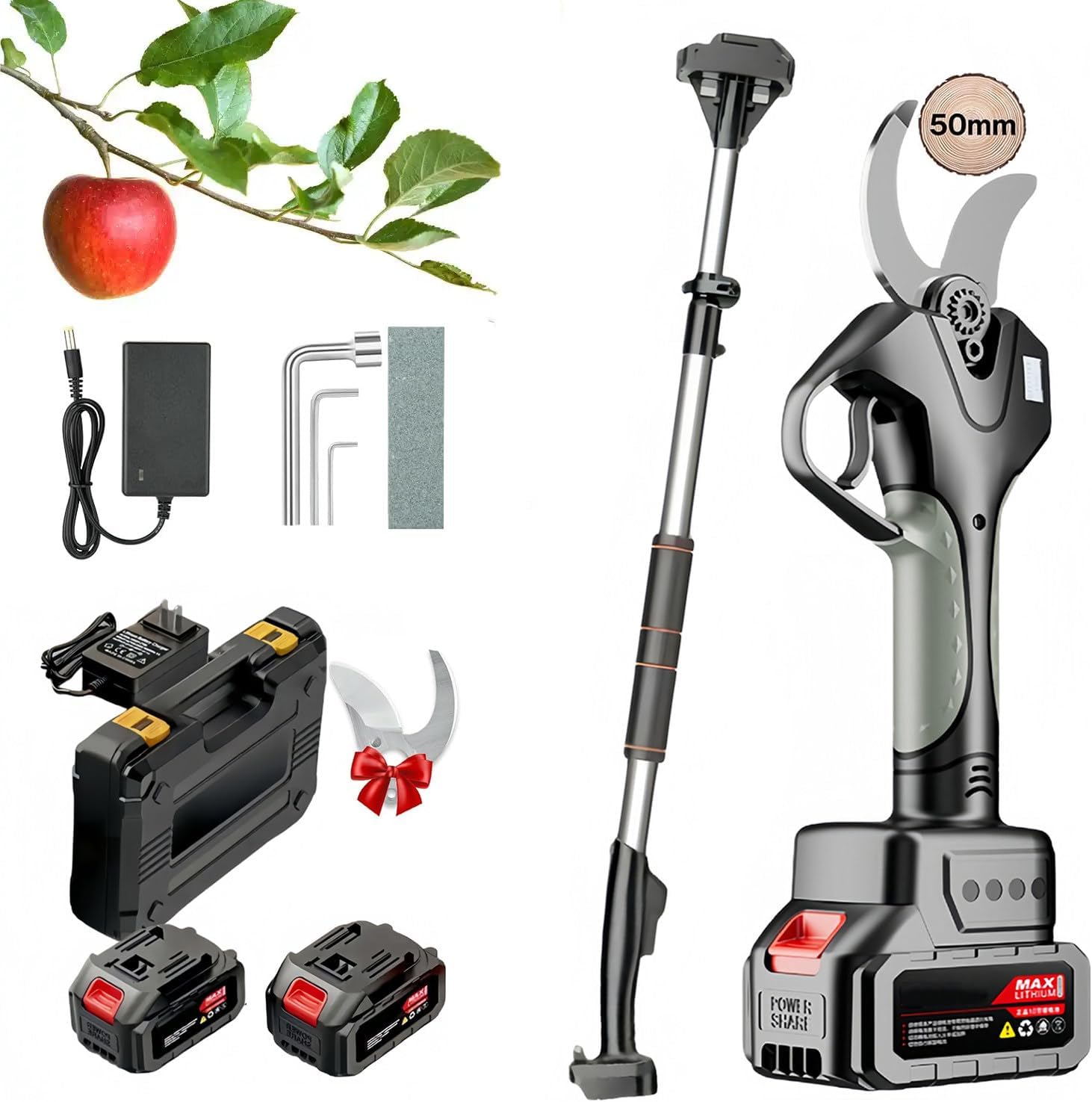 Electric Pruning Shears with Extension Pole, 2 * 21V Batteries/2*Blade/LCD Display, Pruning Diameter 40-45mm, 980W Brushless Motor, SK5 Blade Shears For Gardening