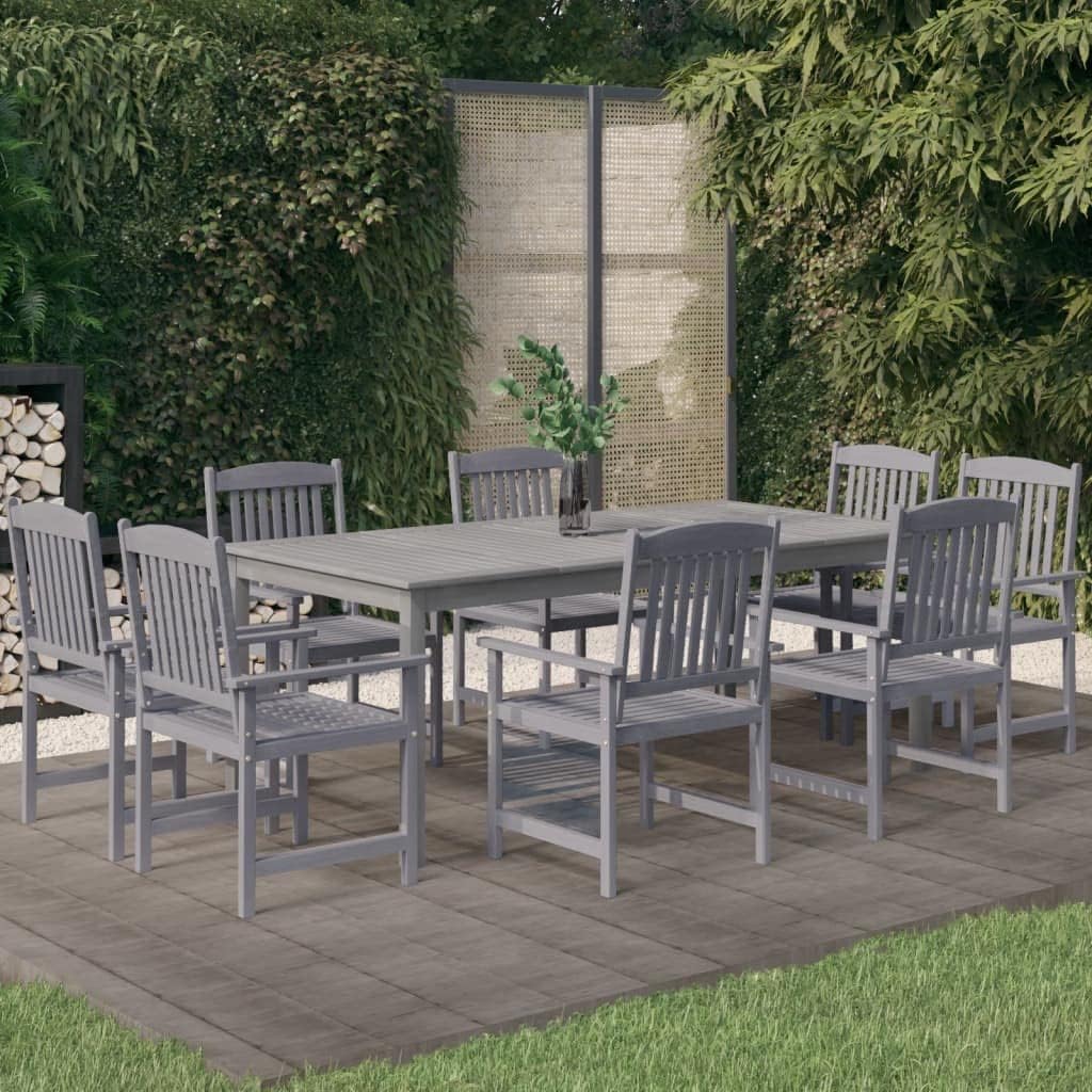 9-Piece Garden Dining Set, Grey Solid Acacia Wood, Oiled Finish, Rectangular Outdoor Table and 8 Chairs, Patio Furniture Set for Balcony, Terrace