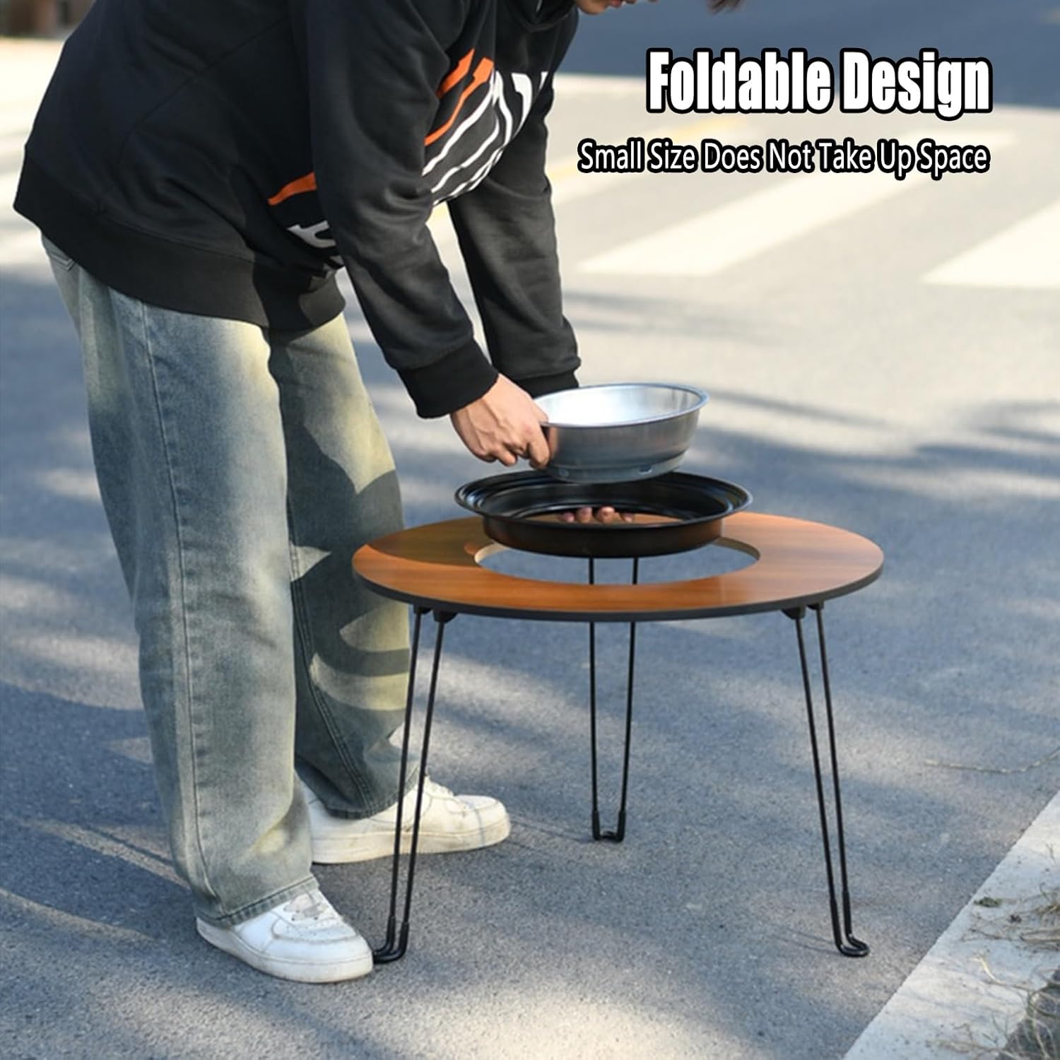 TemkIN Small Outdoor Fire Pit Table, 3 in 1 Lightweight Firepit Stove Table, Charcoal/Wood Burning Fire Pit Dining Table for Bonfire and Picnic, 23.6 * 23.6 Inch, Picture Color