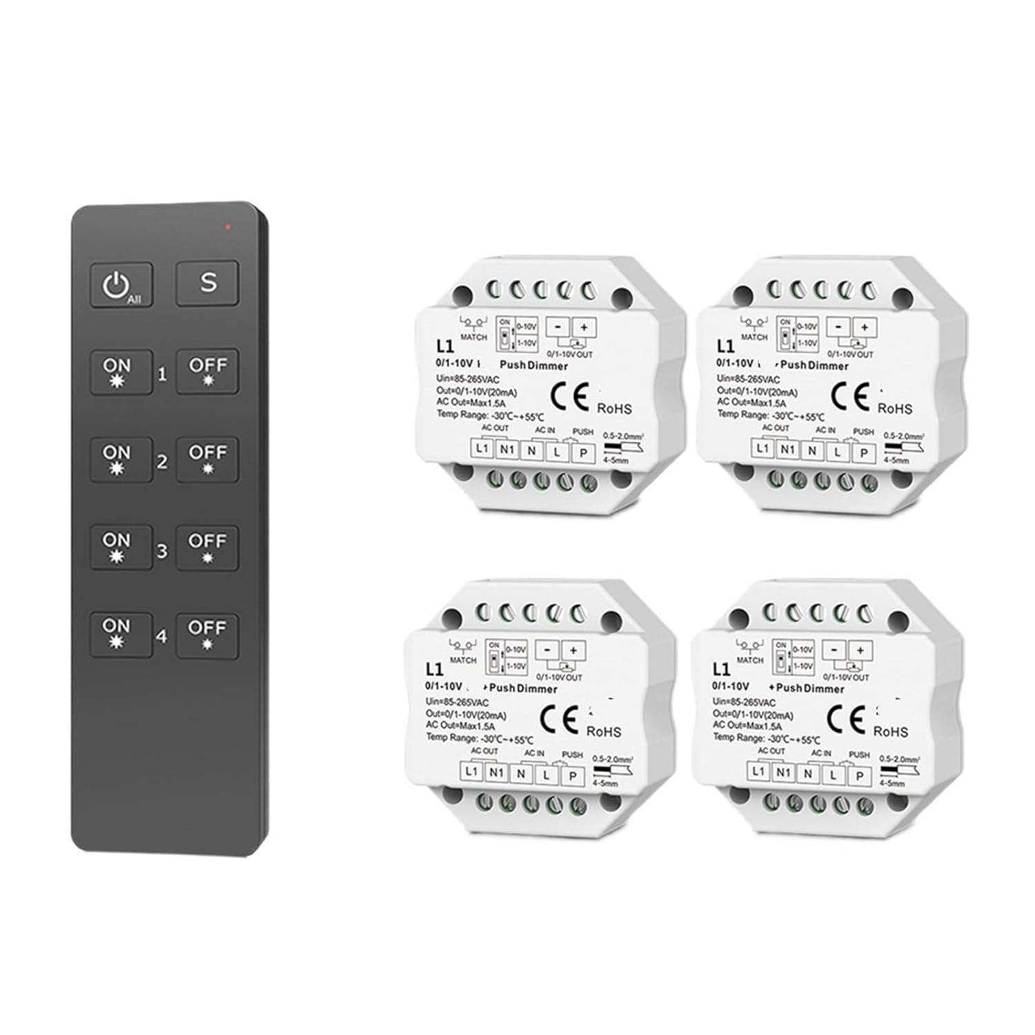 0/1-10V LED Dimmer with Push Button Switch 110V 220V 4 Zones Remote Control(4X L1 and RU4)