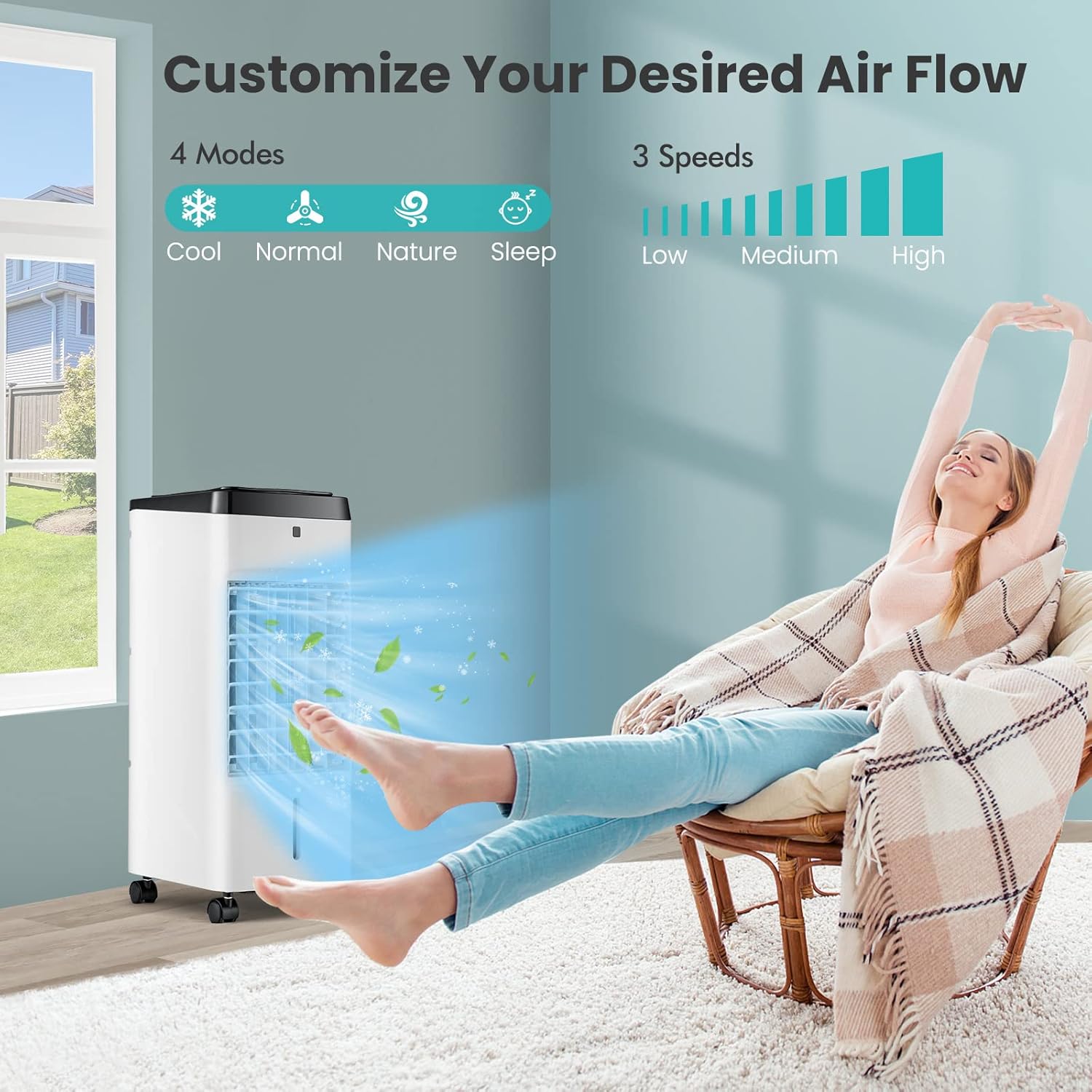 GOFLAME Evaporative Air Cooler Portable, 3-in-1 Humidifying Cooling Fan with Remote, 3.5L Water Tank, 2 Ice Packs, 4 Wind Modes, 3 Speeds & 12H Timer, 70° Oscillation Swamp Cooler for Home Office