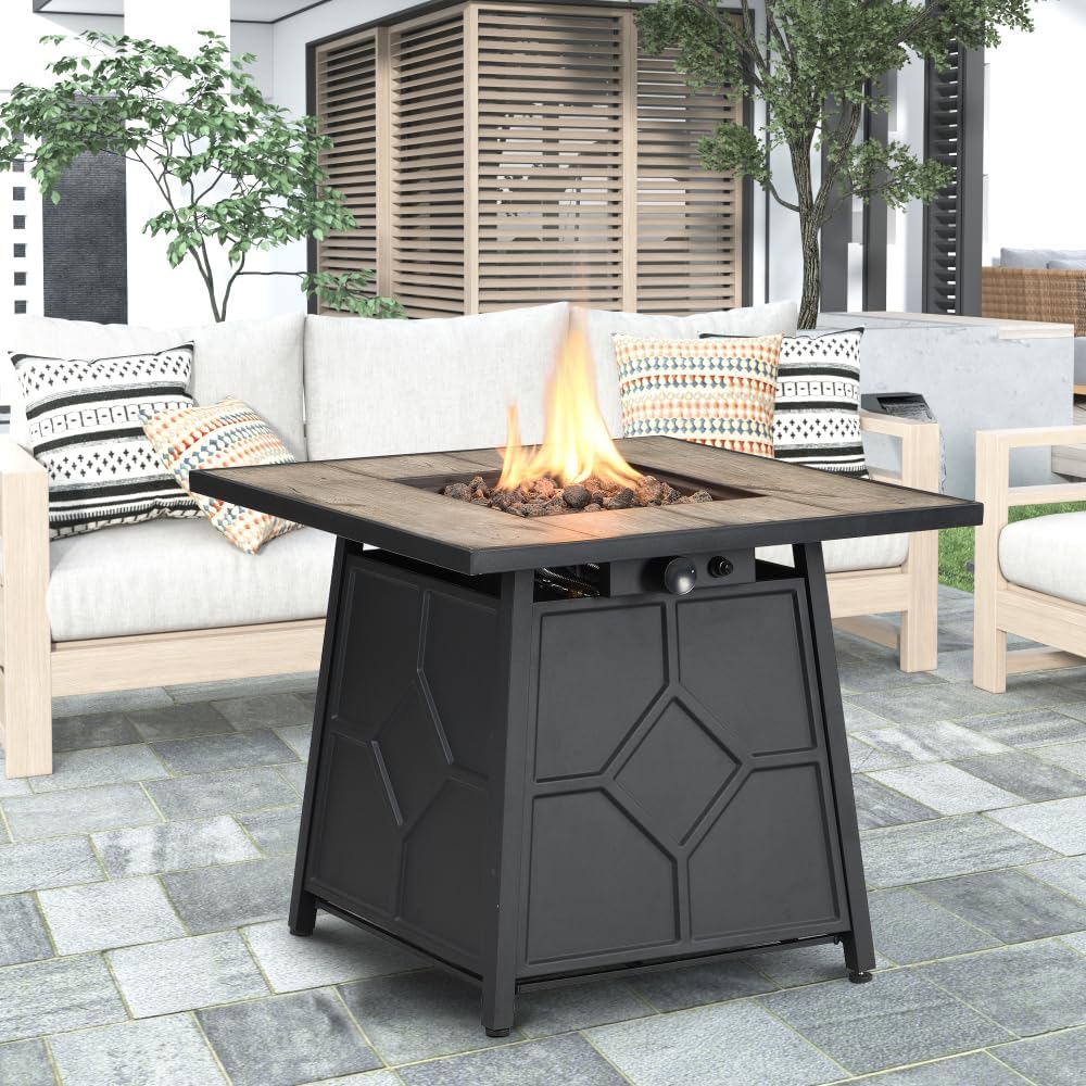 28-Inch Square Propane Fire Pit Table with Auto-Ignition, CSA-Certified Outdoor Gas Fire Table for Patio, Deck & Backyard (Grey + MDF+Iron)