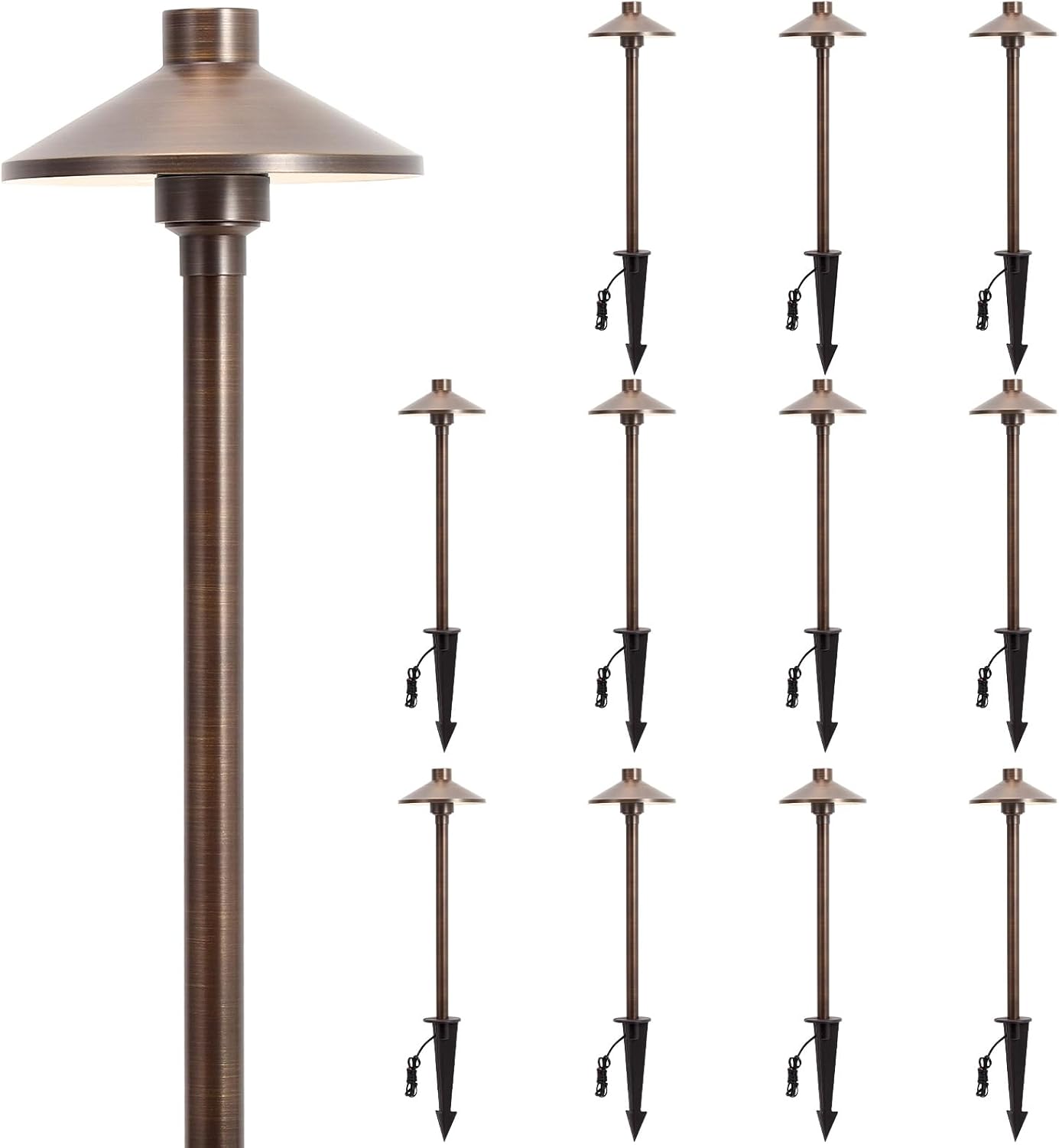 Gardencoin Solid Brass Low Voltage Pathway Lights (6.7'' Shade, 21.9'' Tall), 12V AC/DC Heavy Duty LED Landscape Path Lights Outdoor Wired, Antique Bronze Walkway Lights with Larger Stake, 12-Pack