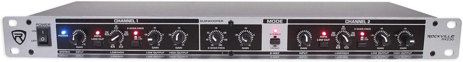 Rockville RX230 2-Way Stereo/3-Way Mono Crossover, XLR Input/Output, Adjustable Crossover Range, 24 dB/Octave Filters, Rack-Mountable for DJs and Live Sound