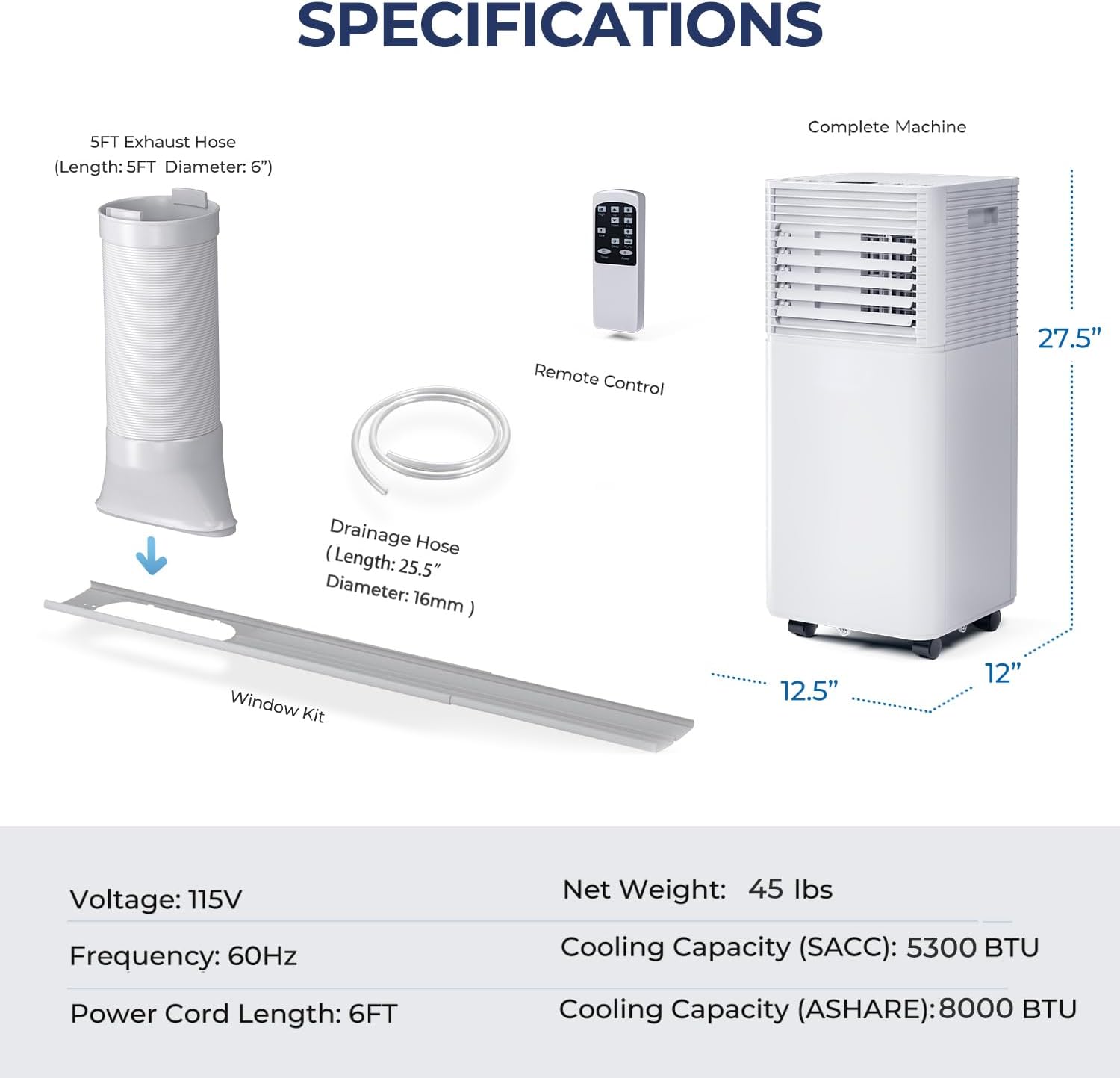 KOTEK Portable Air Conditioners, Air Conditioner for Rooms up to 230 Sq Ft, Ac Unit with Remote Control, 2 Speeds, 4 Modes, 24H Timer & Window Installation Kit for Home/Office/Dorms (White, 8000 BTU)