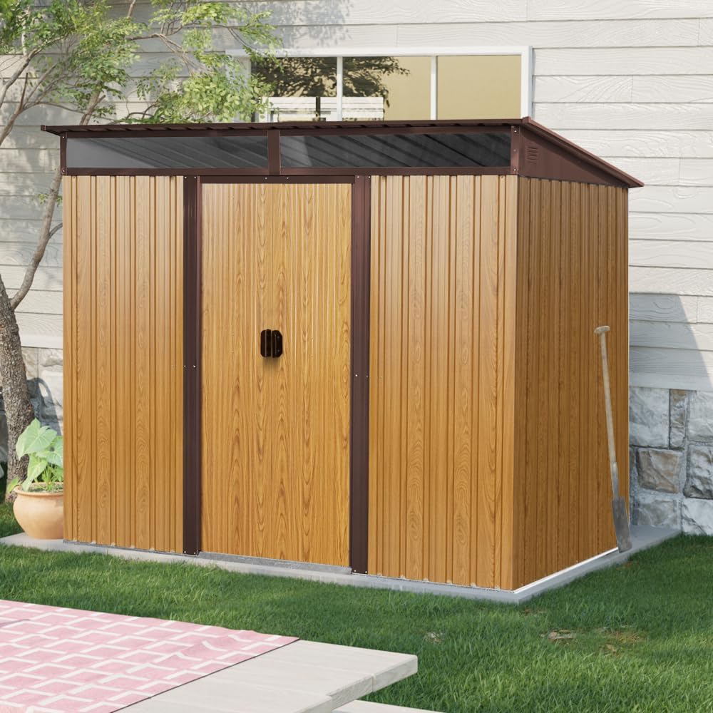8ft x 6ft Metal Outdoor Storage Shed - Lockable Sliding Doors Shed Transparent Panels for Garden Lawn Patio Utility Use (Coffee)