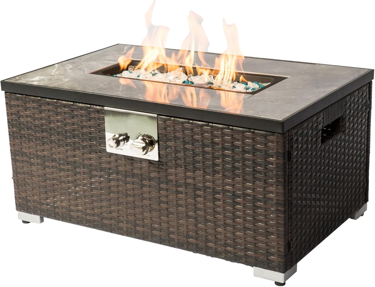 Outdoor Propane Fire Pit Table, 32L x 20W x 15H inches, 50,000 BTU, Brown Wicker Base with Ceramic Tile Top