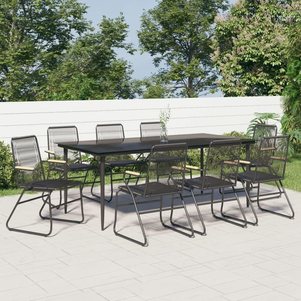 9-Piece Garden Dining Set, Black PVC Rattan Powder-Coated Steel Frame, 78.7x39.4 Inch Rectangular Outdoor Table and Chairs, Patio Furniture Set for Balcony, Terrace