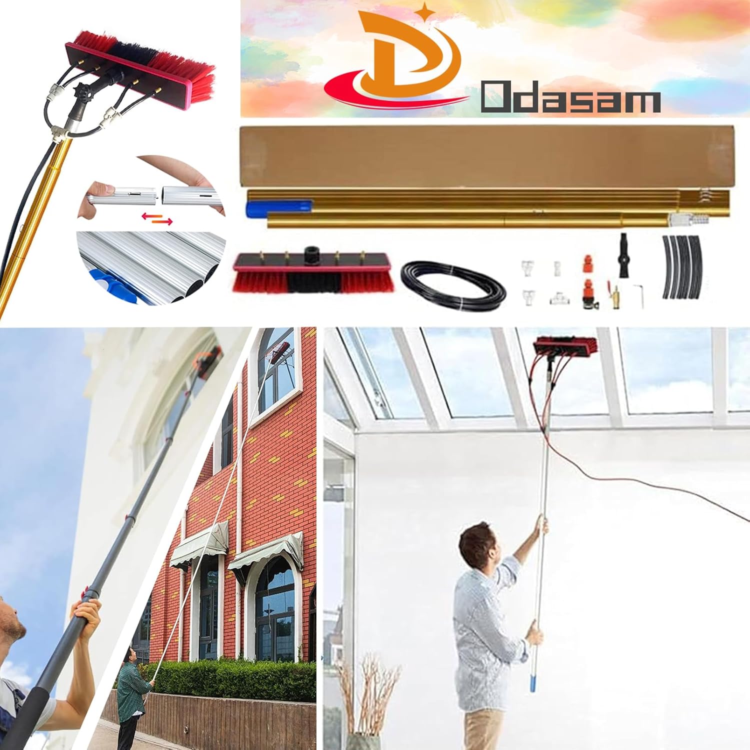 20FT Window Cleaning Pole Kit Water/Hose Fed Pole with Cleaning Brush Equipment for Photovoltaic and Solar Panels Conservatory Roof Cleaner