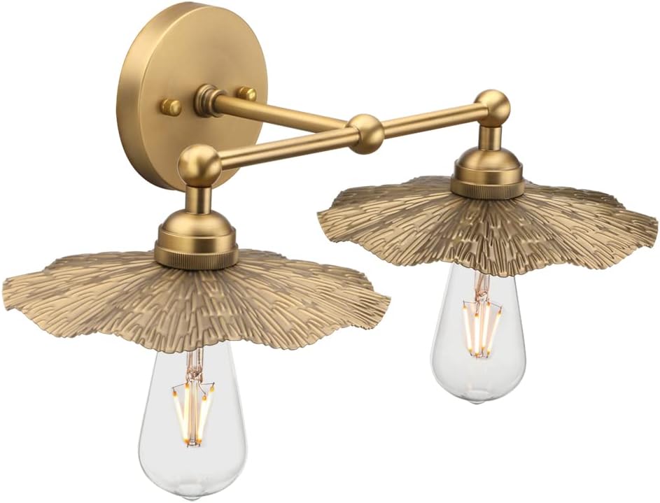 Pathson 2 Lights Vintage Metal Wall Sconce Brass Finished, Split Flower Design Wall Lamp Fixture, Home Decor Art Wall Light Hardwired Farmhouse Lighting for Living Room Hallway Bedside