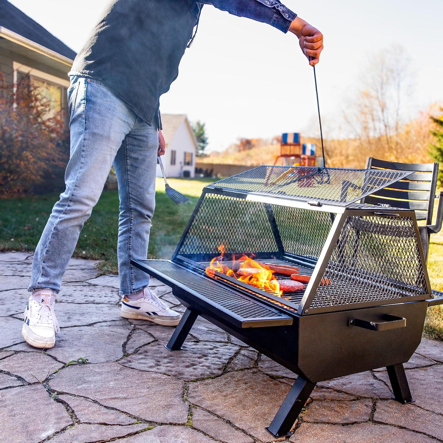 Sunnydaze 36-Inch Steel Outdoor Fire Pit with Grill and Spark Screen - PVC Protective Cover - Heat-Resistant Finish - Black