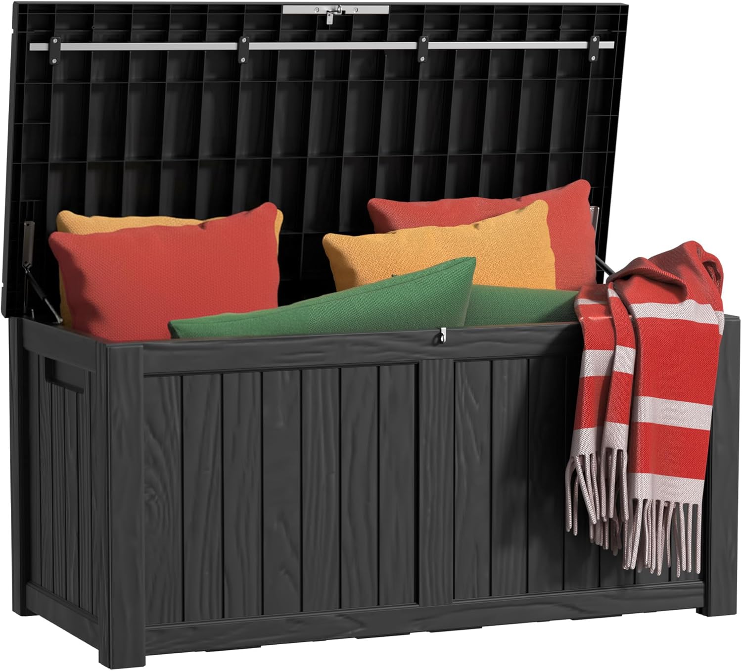 EasyUp 150 Gallon Outdoor Storage Box, Resin Waterproof UV-Resistant Deck Box with Hydraulic Lid Support, Reinforced Stability for Patio, Garden, and Poolside, Black