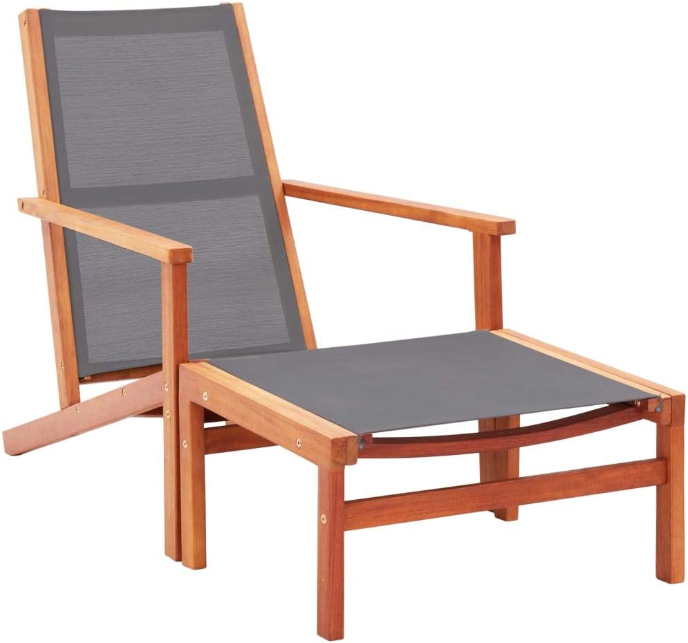 Patio Chair with Footrest Gray Solid Wood Eucalyptus and Textilene,Solid Eucalyptus Wood Patio Lounge Chair with Footrest: Comfort and Style for Your Outdoor Oasis Outdoor Furniture, Outdoor Chairs