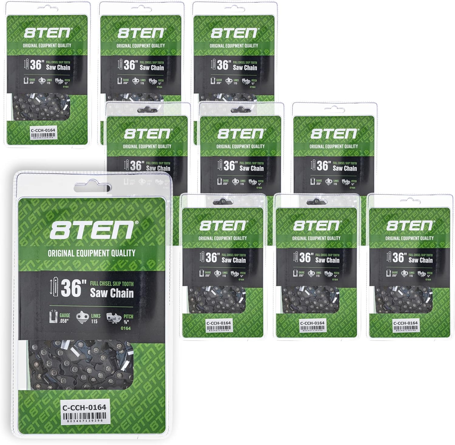 8TEN Full Chisel Skip Tooth Chainsaw Chain 36 Inch .058 3/8 115DL for Husqvarna 591151515 501842815 (10 Pack)