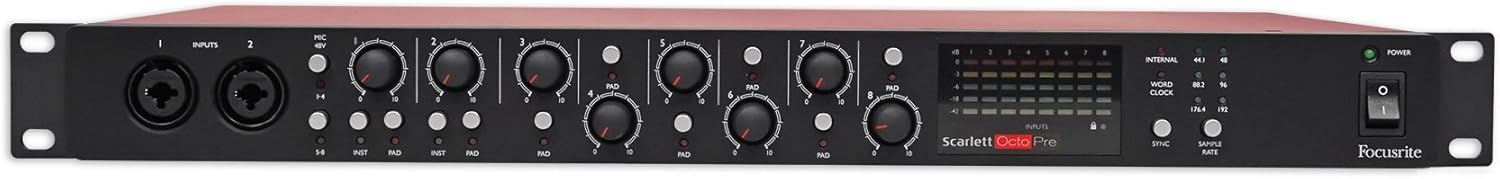 Focusrite Scarlett OctoPre 8-Channel Microphone Mic Preamp w/ADAT 192 kHz 109dB Bundle with (8) RockvilIe RCXFM20E-B 20 Foot Female to Male XLR Mic Cable Black 100% Copper