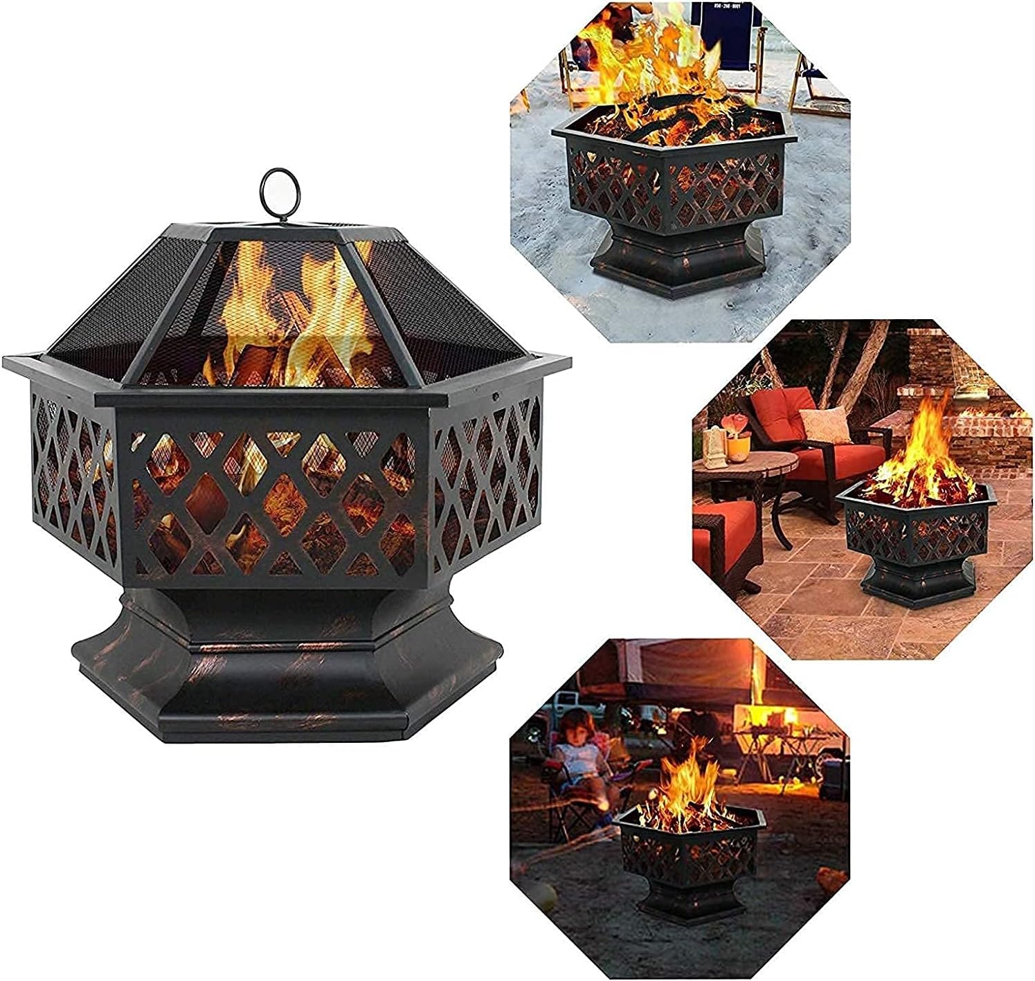 Fire Pit Outdoor Barbecue Heater Hexagon Steel Fire Pit with BBQ Grill Shelf Outdoor Metal Brazier Heater for Bonfire Firebowl for Outside Camping Patio Garden Backyard Picnic