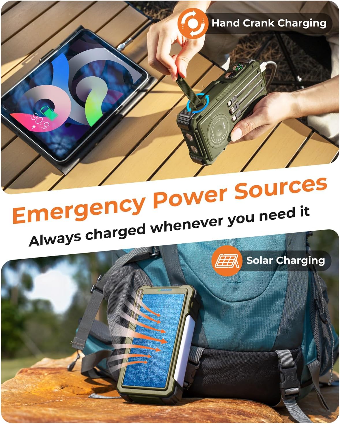 BLAVOR Solar Power Bank with Hand Crank and 4 Cables, 20000mAh Wireless Portable Charger with USB C & Camping Light, 20W Fast Charging Battery Pack for iPhone, iPad, Samsung, All Mobile Phones