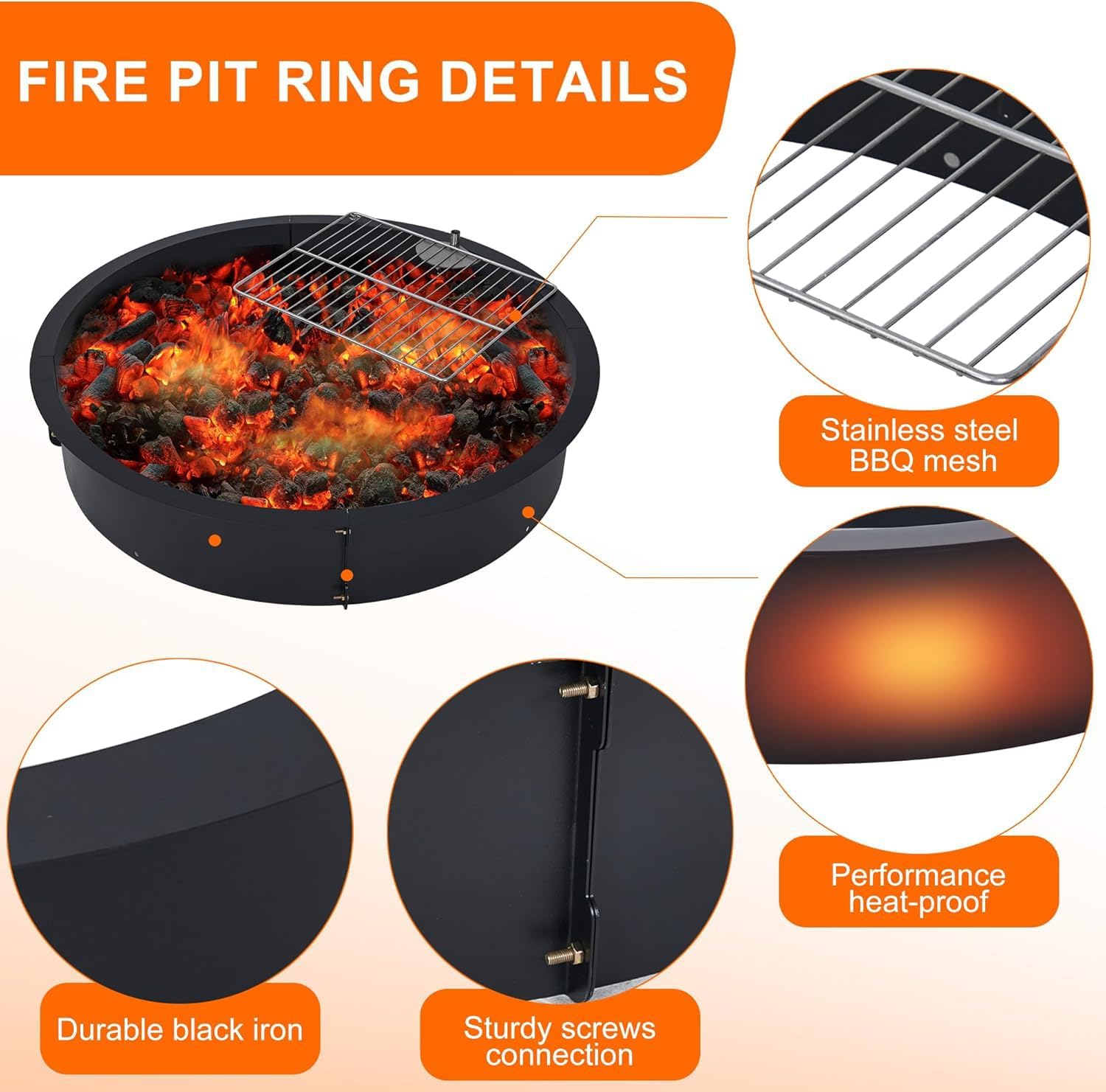 36 inch Inner Fire Pit Ring, Outdoor 2.5MM Steel Firepit Ring Large Bonfire Fire Pit Insert Round, Above In-Ground Fire Pit, Outside Wood Burning DIY for Camping Garden Patio