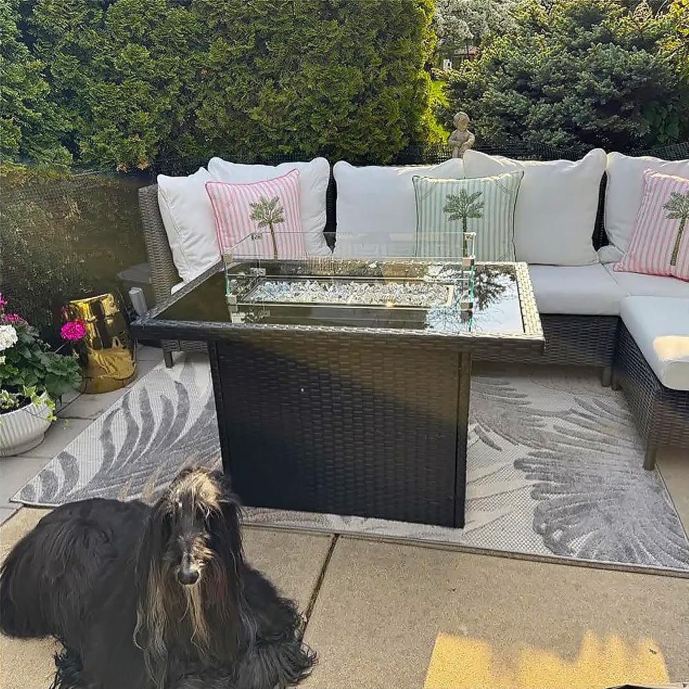 Rectangular Fire Pit Table, 44 inch Propane Gas Fire Pit with Glass Rocks, Wind Guard Glass Shield, Waterproof Cover for Outside Patio Backyard Deck Balcony