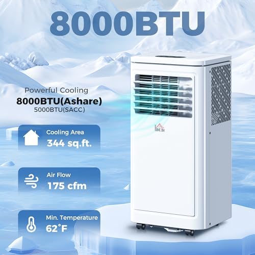 HOMCOM 8000 BTU Portable Air Conditioner, for Rooms Up to 344 Sq. Ft., 3-in-1 Portable AC Unit with Dehumidifier, Cooling Fan, Sleep, 24H Timer On/off, Remote, Window Installation Kits, White