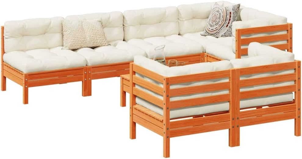 8-Piece Modular Garden Sofa Set, Wax Brown Solid Pine Wood, Cream White Cushions, Outdoor Patio Furniture Seating for 7 People, Weather-Resistant Lounge