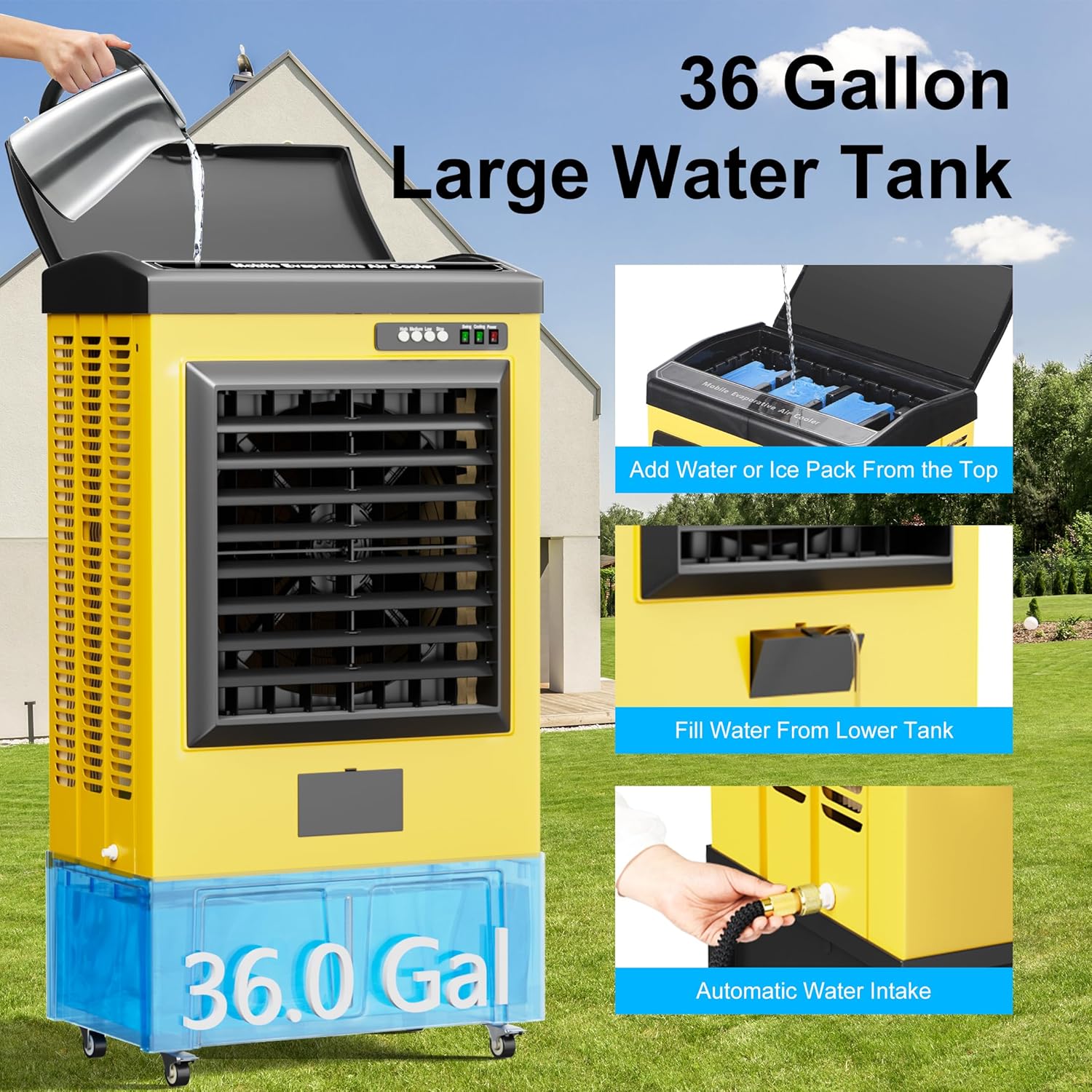 AKIRES 8980CFM Swamp Coolers,Evaporative Air Cooler for 1735Sq.ft of Space,with Continuous Auto Fill,36-Gal Water Tank,120°Oscillation,5 Ice Packs,Cooling Fan for Outdoor,Indoor Yellow(57IN)