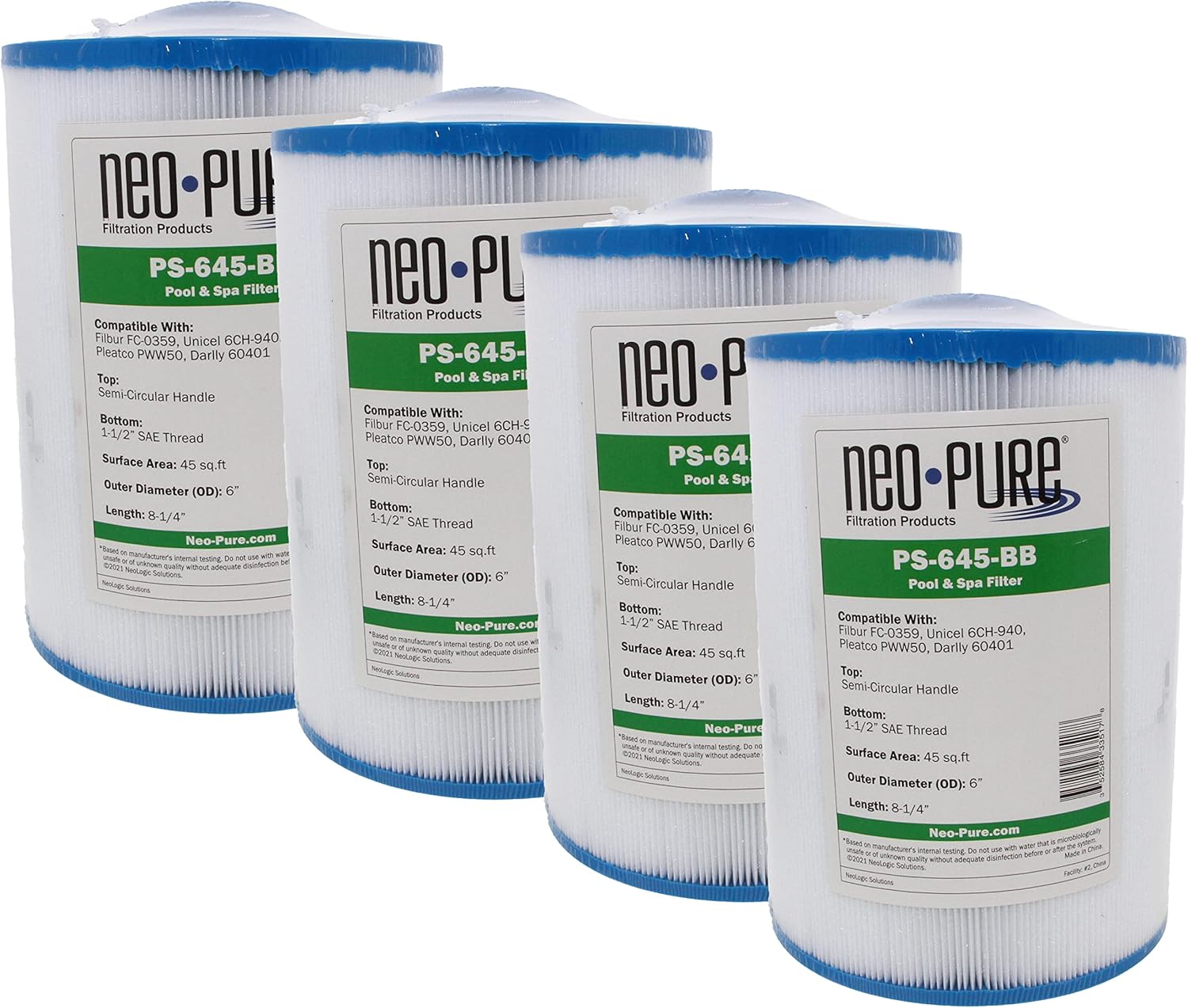 Neo-Pure PS-645-BB Pool and Spa Filter 6” x 8-1/4” Compatible with Filbur FC-0359, Aladdin 14510, Baleen AK-9019, Darlly 60401, Excel XLS-601 and Pleatco PWW50P3 (4 Pack)