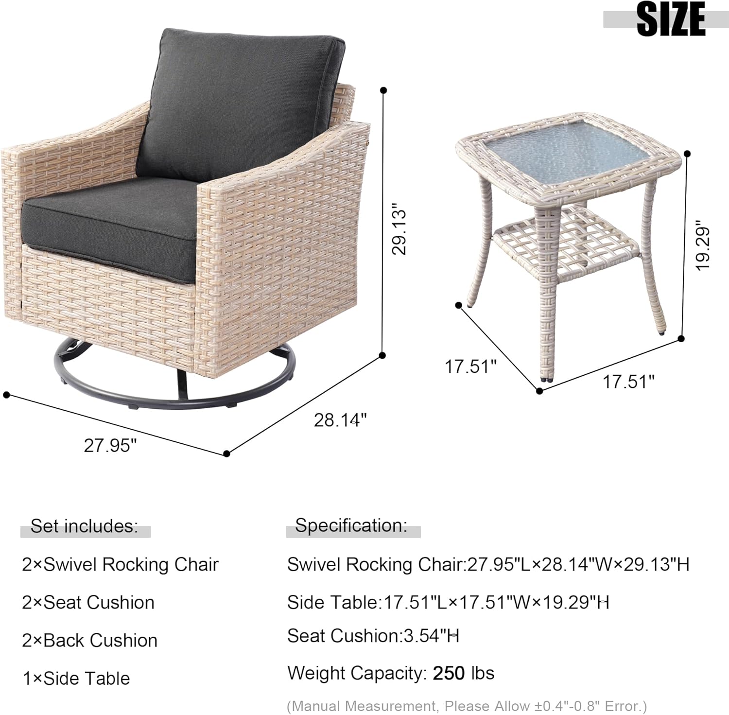 3 Pieces Outdoor Furniture Set Patio Bistro Rocking Chairs with Glass Side Table for Pool Beach Backyard Balcony Porch Deck Garden(Black)