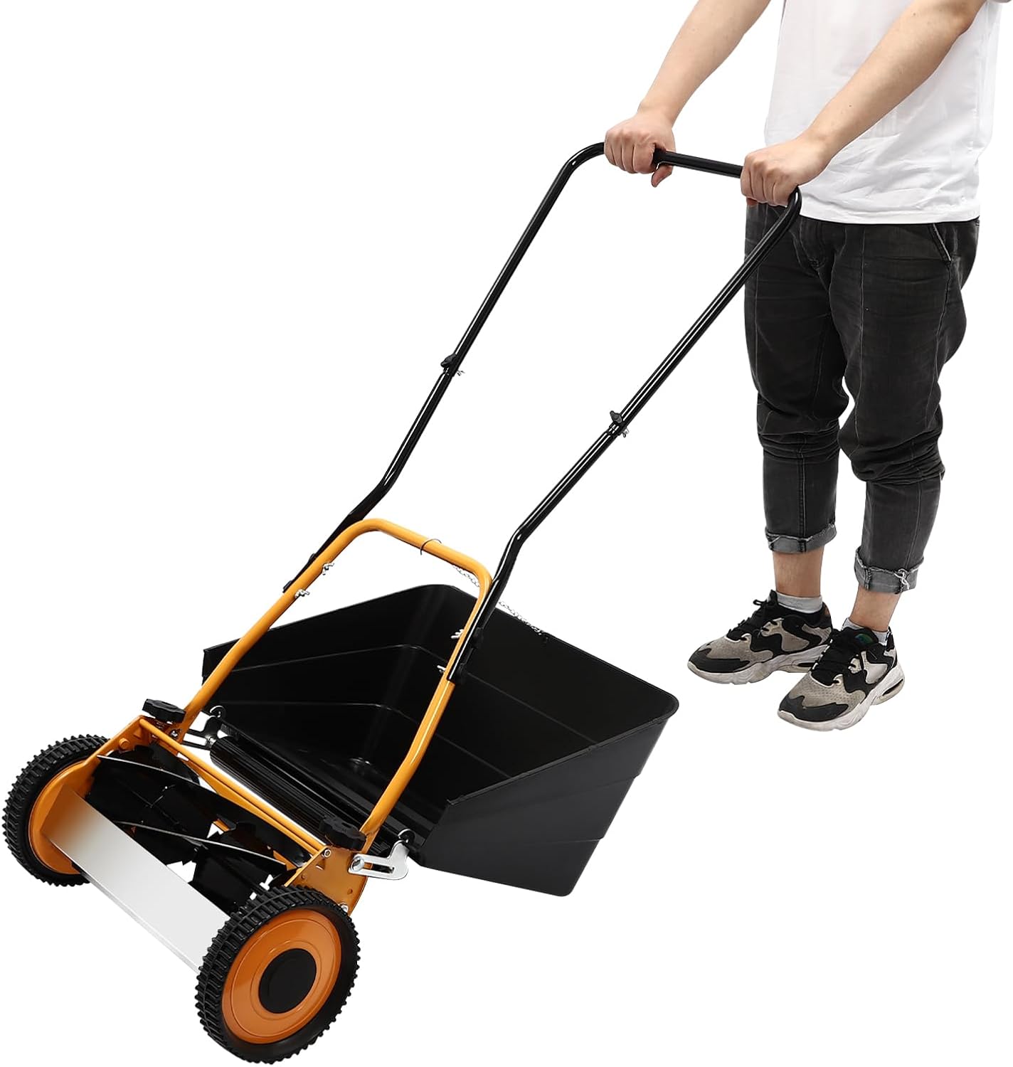 Reel Lawn Mower, 2-in-1 16-Inch 5-Blade Push Lawn Mower w/Grass Collecting Box, 0.47-1.65 inches Adjustable Cutting Height Manual Lawn Mower (16 Inch)