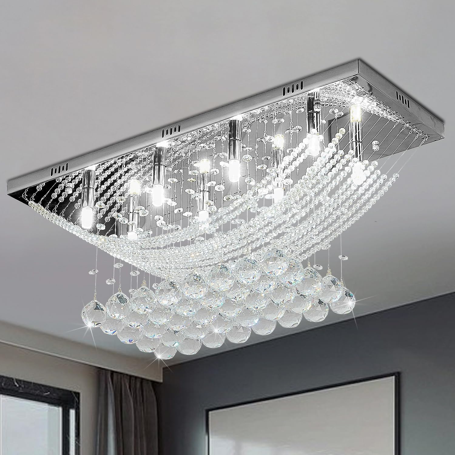 Crystal Chandelier Modern Chandelier Flush Mount Chandelier Silver Rectangle Crystal Raindrop Chandelier 8 Lights Ceiling Light Fixture Pendant Lamp for Kitchen Island Dining Room Closet Wedding Decor