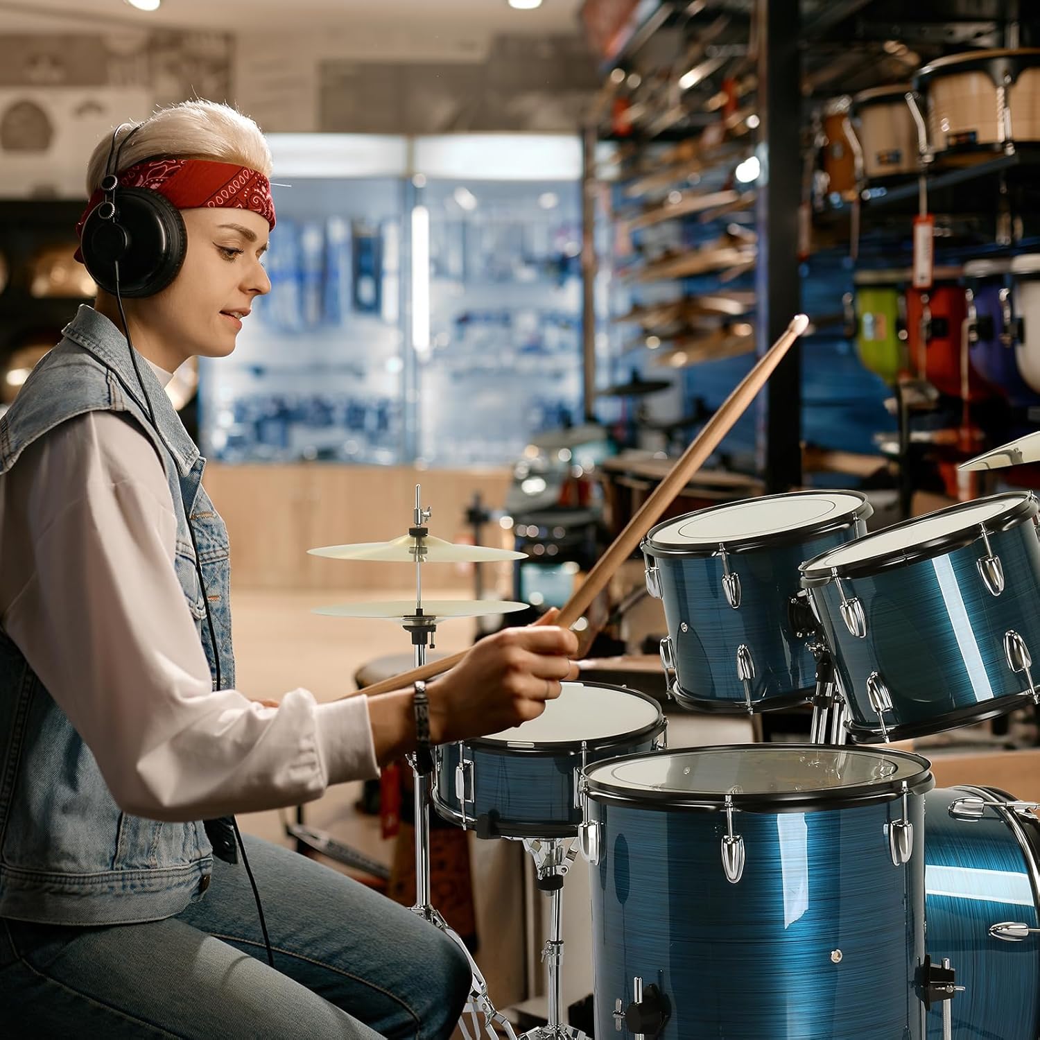 Ktaxon 22 Inch Adult Drum Set, 5-Piece Full-Size Drums Kit with Cymbal Stands, Hi-hat Stand, Sticks, Drum Pedal, Stool & Floor Tom for Beginner Teens Student (Brushed Blue)