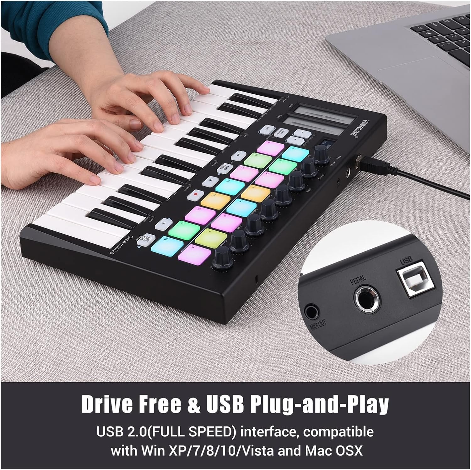 Electric Keyboard 25 MIDI Keyboard Controller 25-Key USB MIDI Controller Keyboard with 16 RGB Backlit Trigger Pads 8 Control Knobs