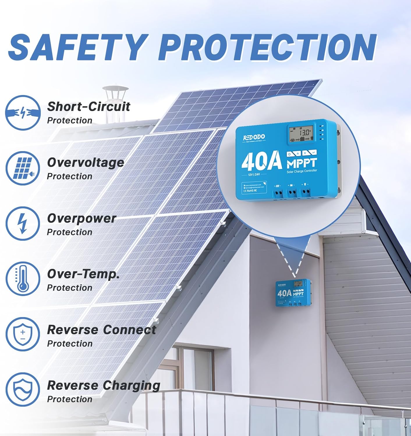 Redodo 40 Amp MPPT 12V/24V DC Input Solar Charge Controller with Built-in Bluetooth Module, Parameter Adjustable LCD Display LED Indicators