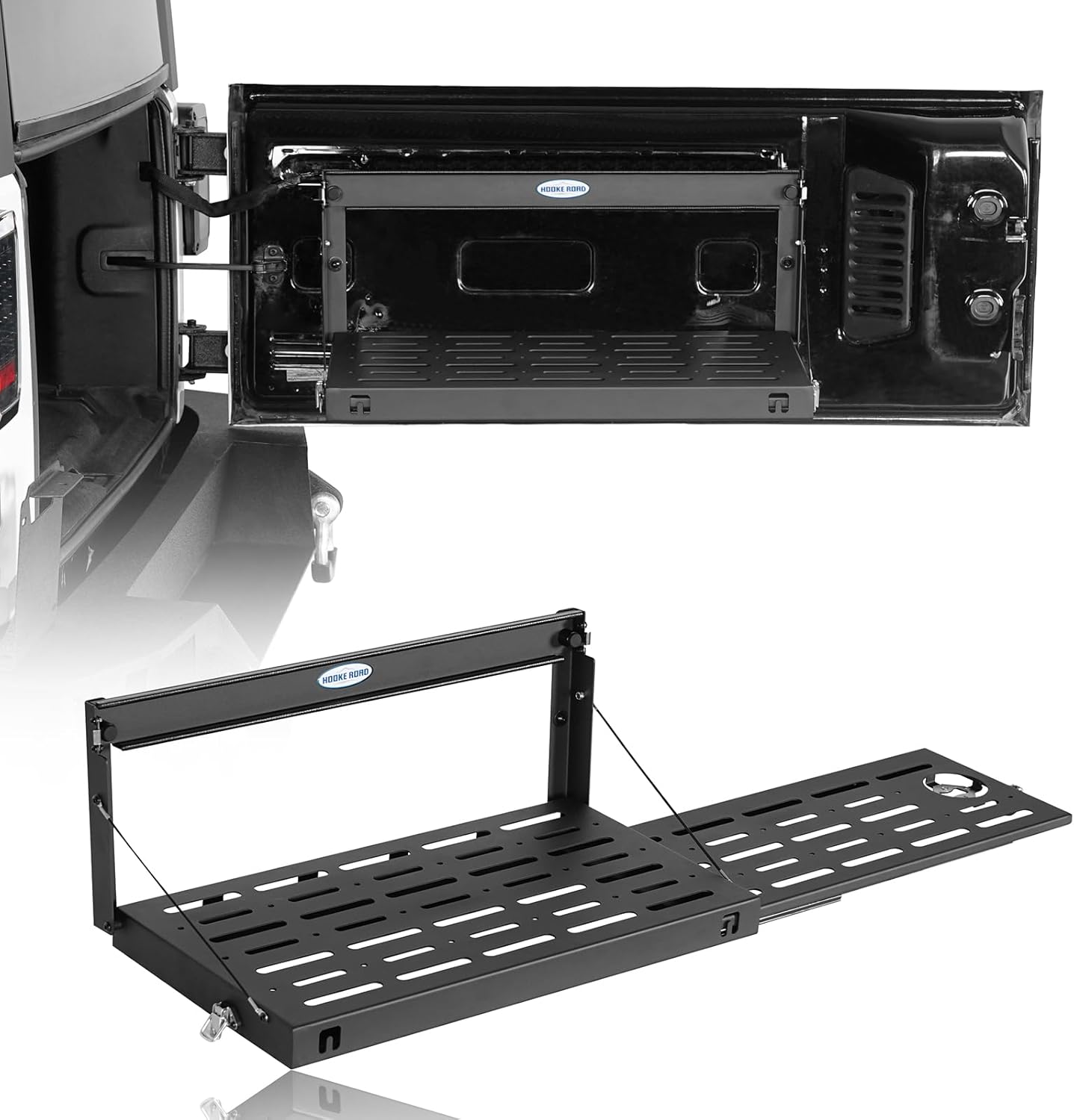 Hooke Road JK Tailgate Table Pull-out Style Cargo Shelf for 2015-2018 Jeep Wrangler JK JKU Unlimited 2 or 4 Doors, Foldable Camping Desk Overlanding Storage Molle Panel