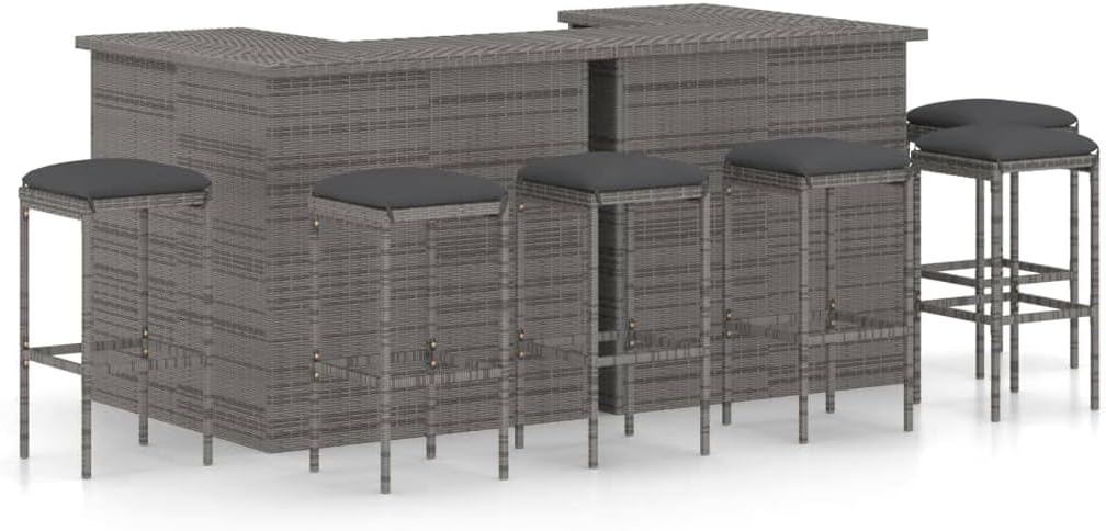 8 Piece Patio Bar Set with Cushions Poly Rattan Gray,Elegant Garden Bar Set: Durable and Comfortable Seating for Your Outdoor, Furniture Sets for Patio, Lawn & Garden