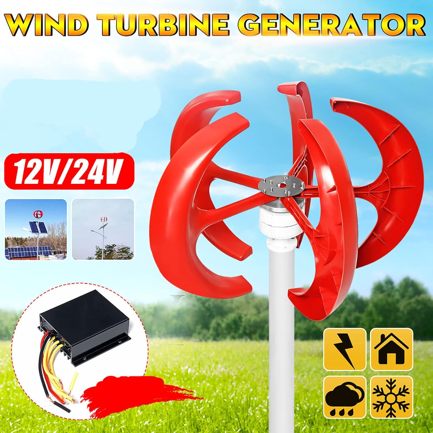 Vertical No Noise Wind Turbine Generator, 3000W AC 12V 24V 48V Red 5 Blades Wind Turbines Kit for Home Hybrids Streetlight(with Controller)