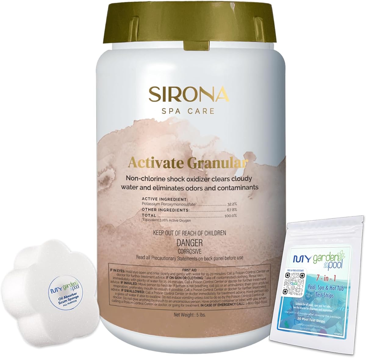 Sirona Activate Granular 5 lb – 82141 – Spa Shock Oxidizer – Non-Chlorine Spa Care for Fresh, Clear Water – Includes My Garden Pool Scum Sponge, 7-in-1 Test Strip & Pool-IQ AI Assistant