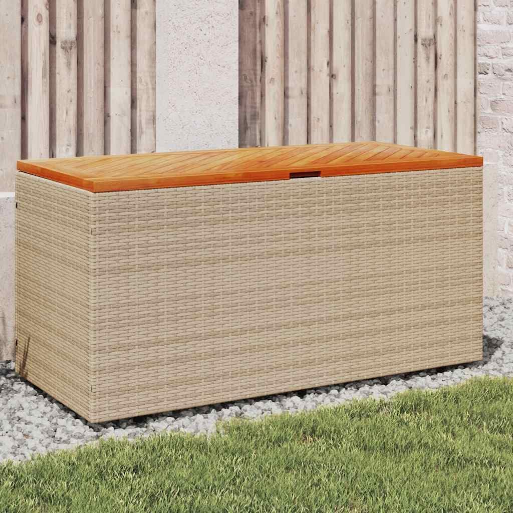 Rectangular Garden Storage Box, Outdoor Patio Deck Box, Waterproof Poly Rattan & Acacia Wood, Large Capacity for Cushions & Tools, Beige & Brown
