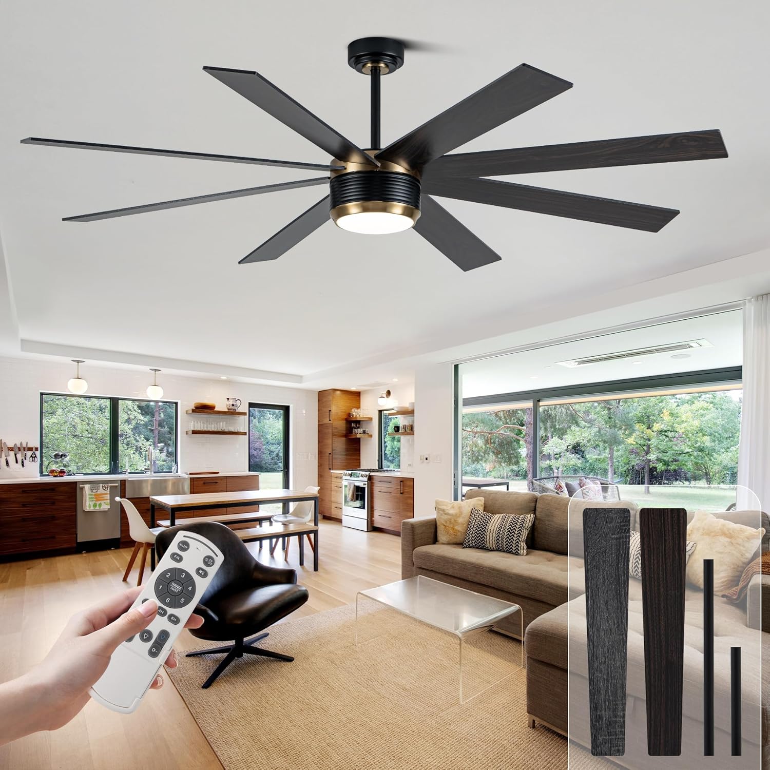 Black and Gold Ceiling Fans with Lights Modern Large 72 Inch Ceiling Fans with Remote Living Room Bedroom Garage Patio Indoor/Outdoor Use 24W 3CCT 8 Blades 6 Speed Reversible Quiet DC Motor