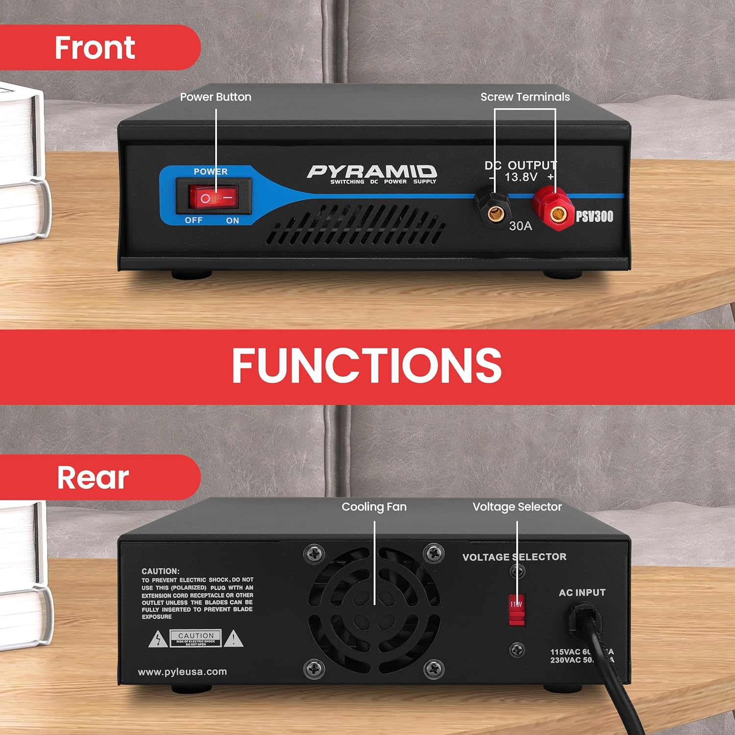 Pyle Universal Compact Bench Power Supply - 30 Amp Regulated Home Lab Benchtop AC-to-DC Converter w/ 13.8 Volt DC 115/230V AC Switchable, Screw Type Terminals, Cooling Fan - Pyle PSV300
