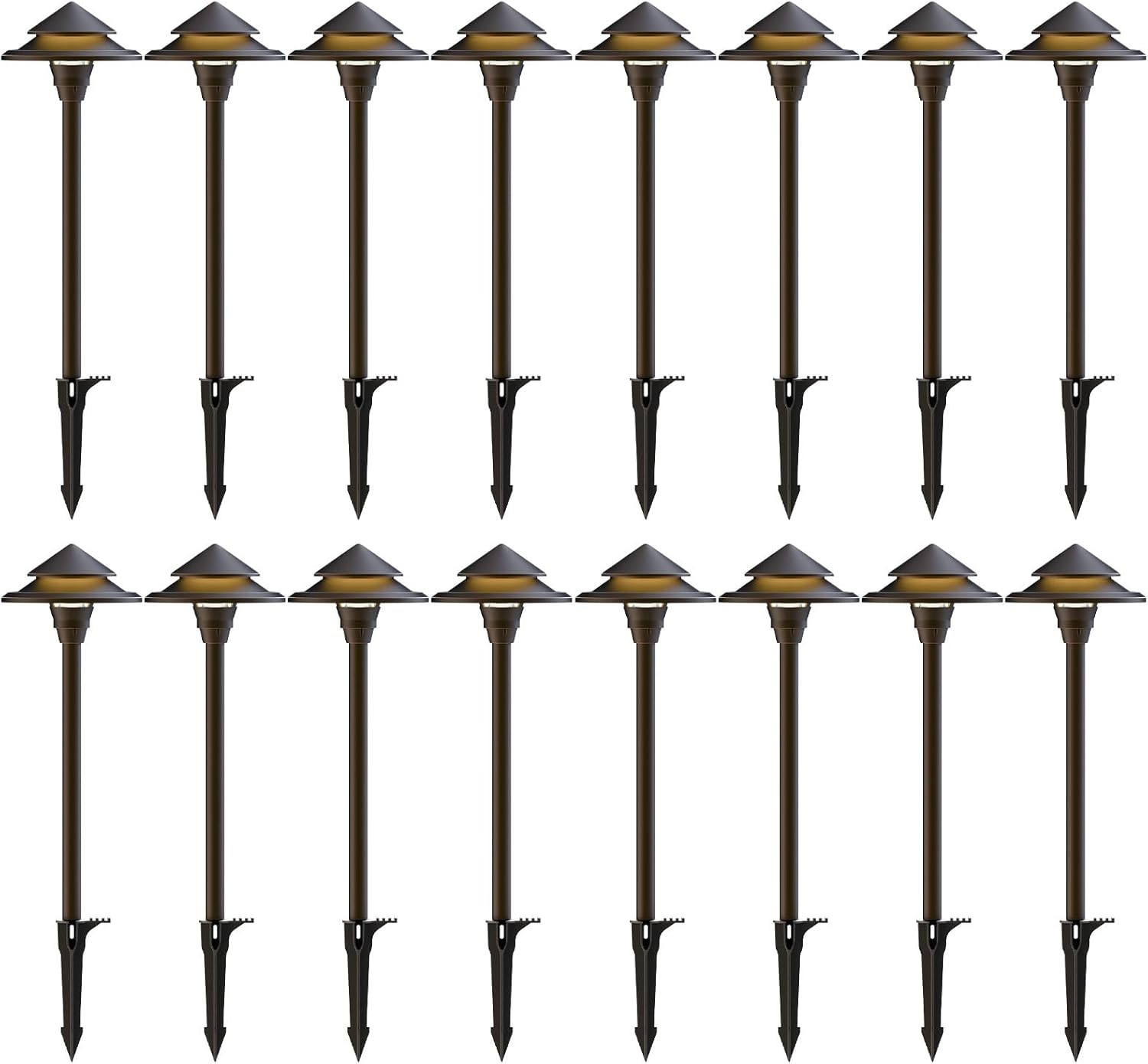 GOODSMANN Low Voltage Landscape Lighting 16PK LED Path Lights Oil Rubbed Bronze 4W 32 Lumen Hardwired 2 Tier Pagoda Landscape Pathway Lights 3000K Warm White Metal Stakes Cable Connectors