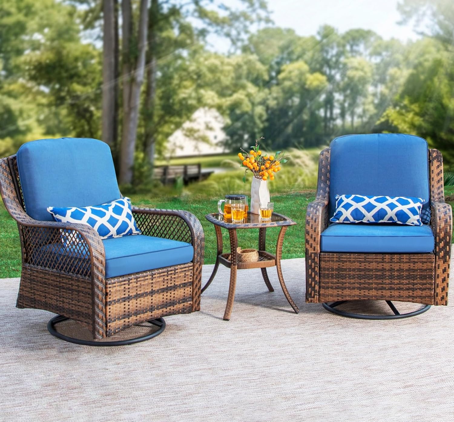 PHI VILLA Oversized Outdoor Swivel Rocker Chairs Set 3 Piece with 1 Table and 2 Rocking & Swivel Chairs Support 350lbs Navy Blue Wicker Outdoor Furniture Patio Conversation Set