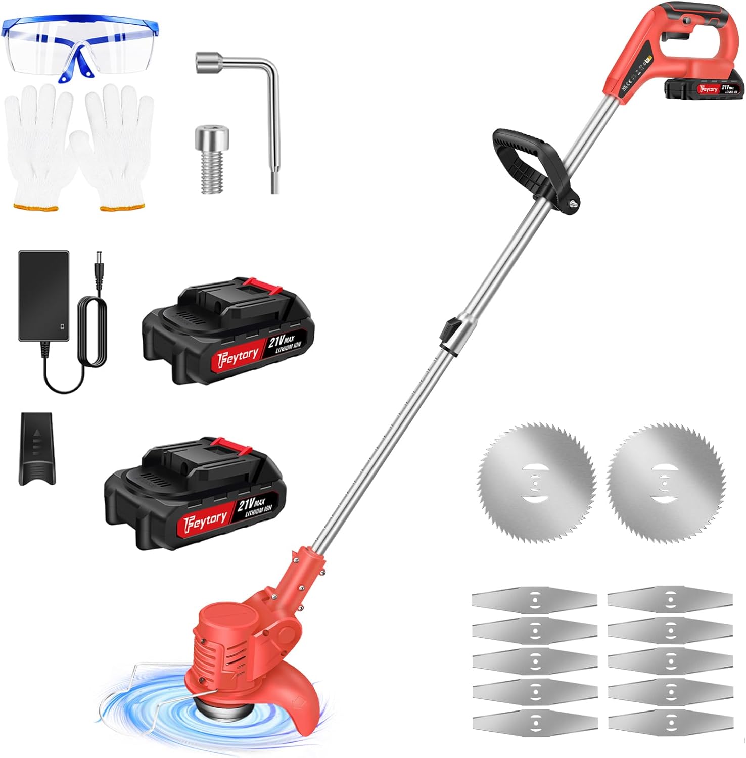 Grass, 21V Electric Grass Cordless with 2 x 1500mAh Battery and Charger, 10 x Metal Blades, Adjustable Cutting Head, Teles Heights Lightweight Weed Hedge Trimmer Edge Trimmer